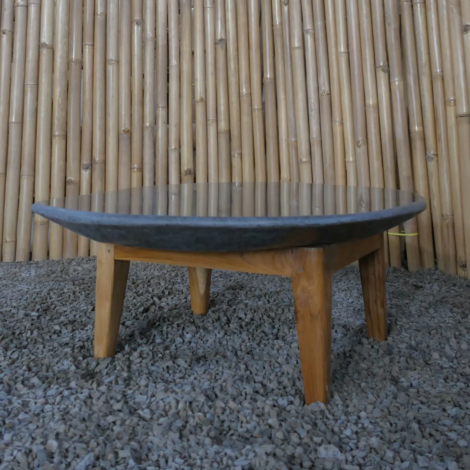  Product image 7 of the product “Unique round flat Table, made from Riverstone slate with teak feet, approx dia. 80cm, 30cm height and 6cm thickness ”